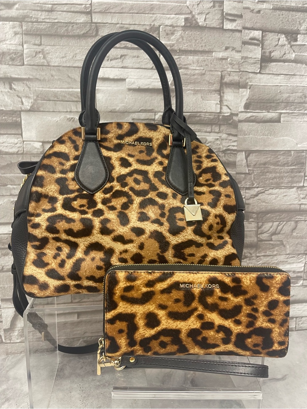 Michael Kors Briar Bowling Bag & Matching Wallet Cheetah Black Butterscotch